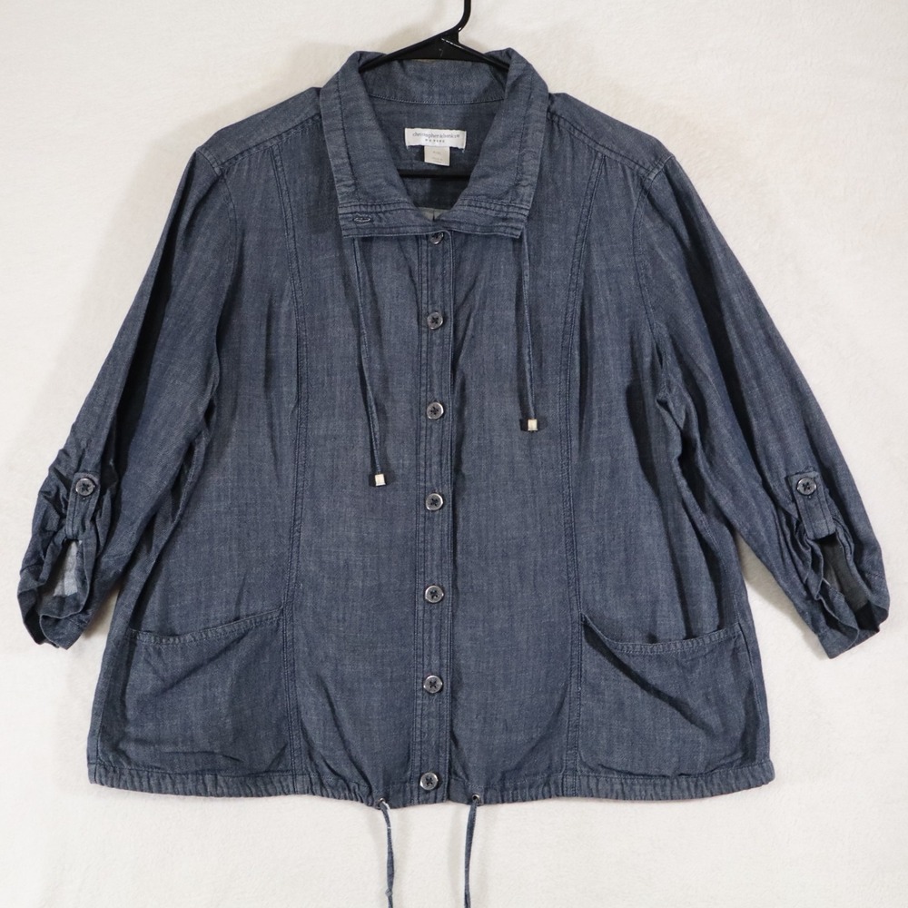 Christopher & Banks Denim Shirt Jacket Womens P/XL Blue Chambray Roll Sleeves